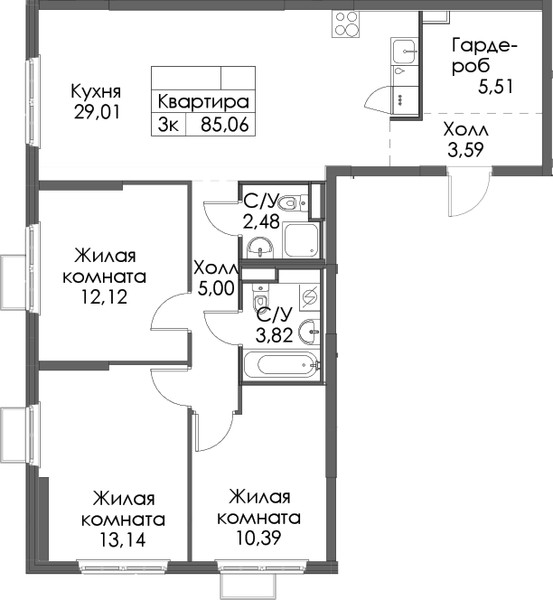 3-комнатная квартира 85.06 м², 11/12 эт., ЖК «Таллинский парк»